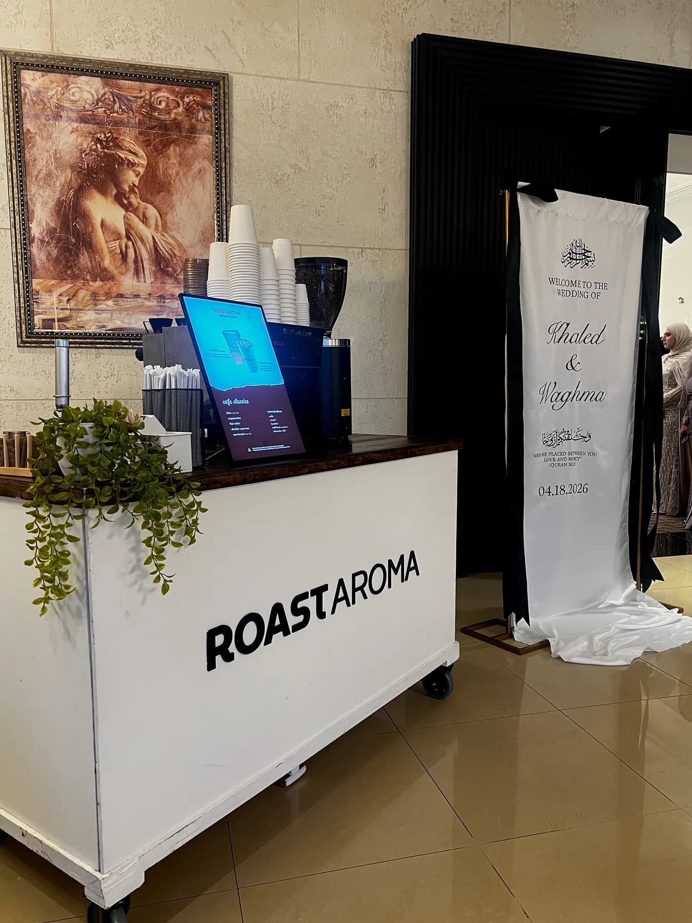 RoastAroma coffee cart inside a wedding venue