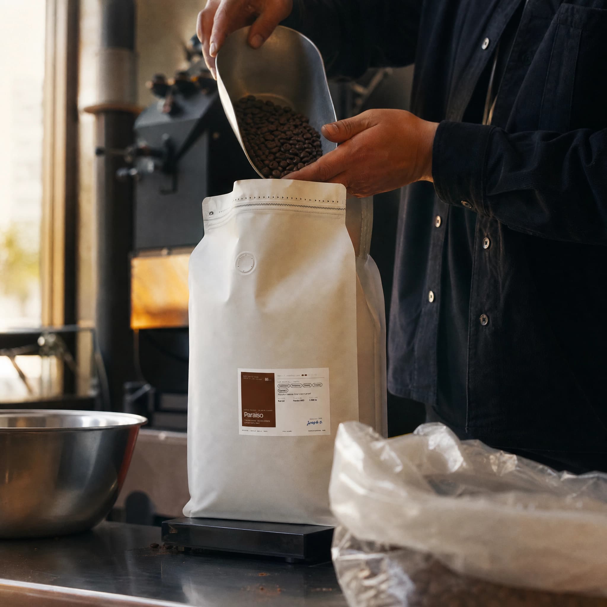 Bagging fresh-roasted wholesale coffee at the RoastAroma roastery in Ajax