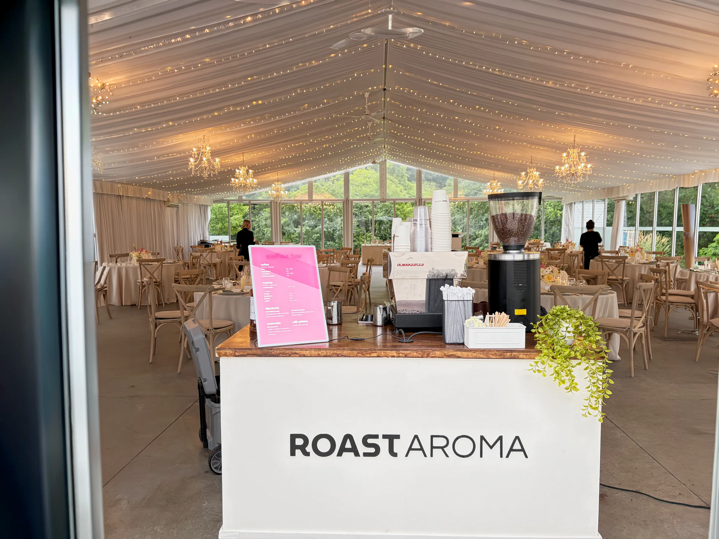 RoastAroma coffee cart set up for a wedding reception