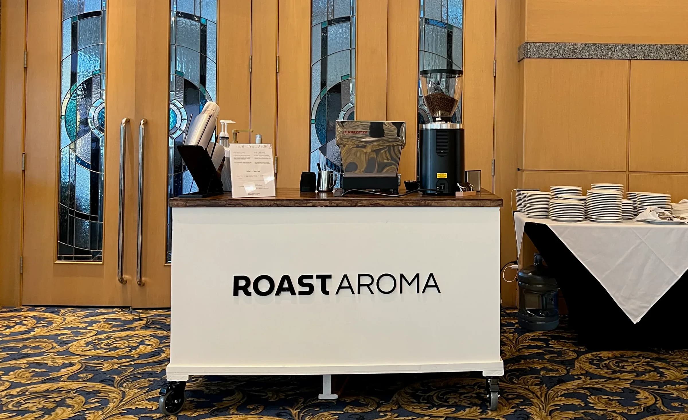 RoastAroma coffee cart ready inside a wedding venue