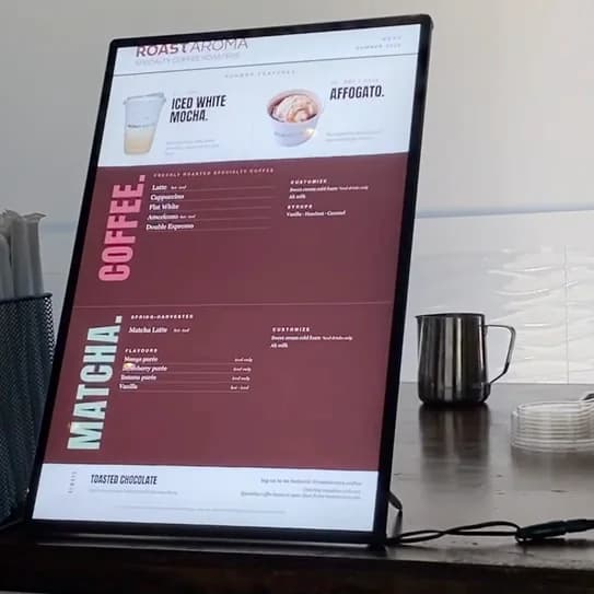 Coffee menu displayed at a RoastAroma wedding cart