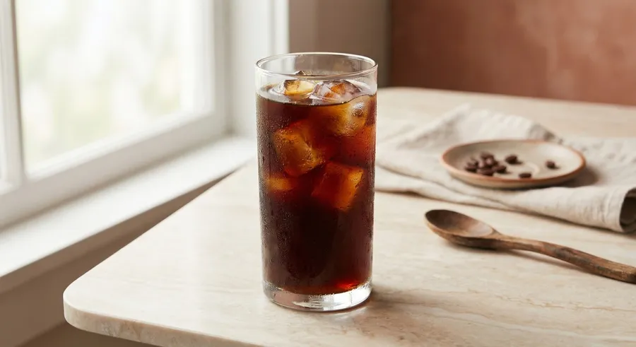 Cold brew coffee in tall glass with ice cubes