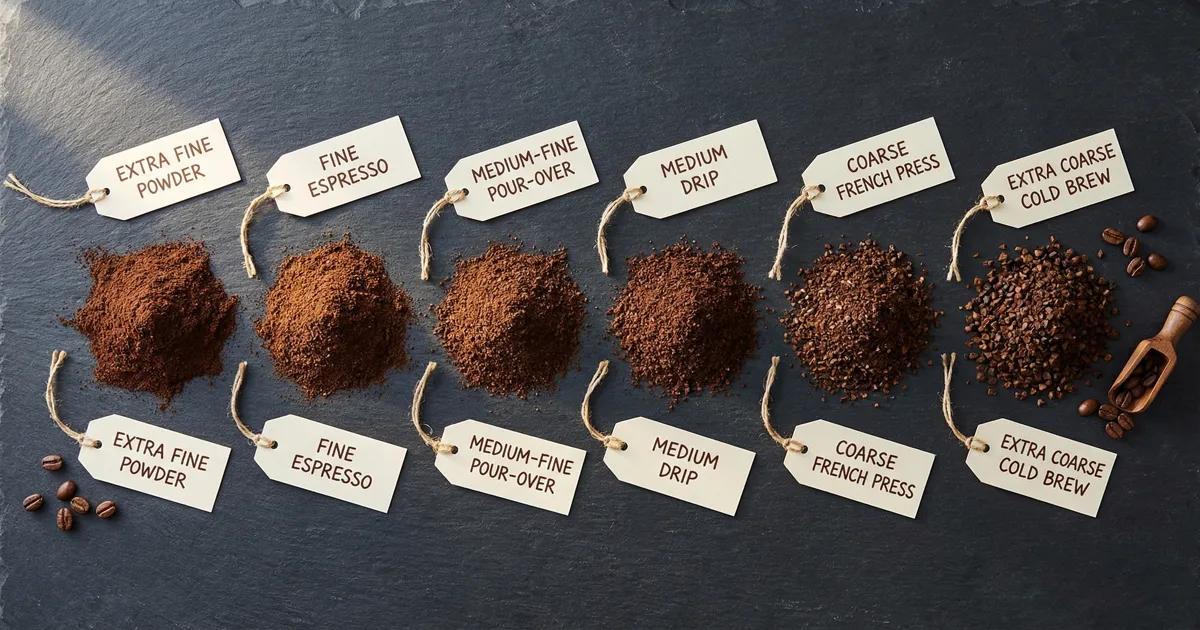 Coffee grind size comparison showing different grind sizes from fine to coarse