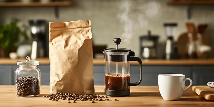 Shelf holding french press and coffee beans. 