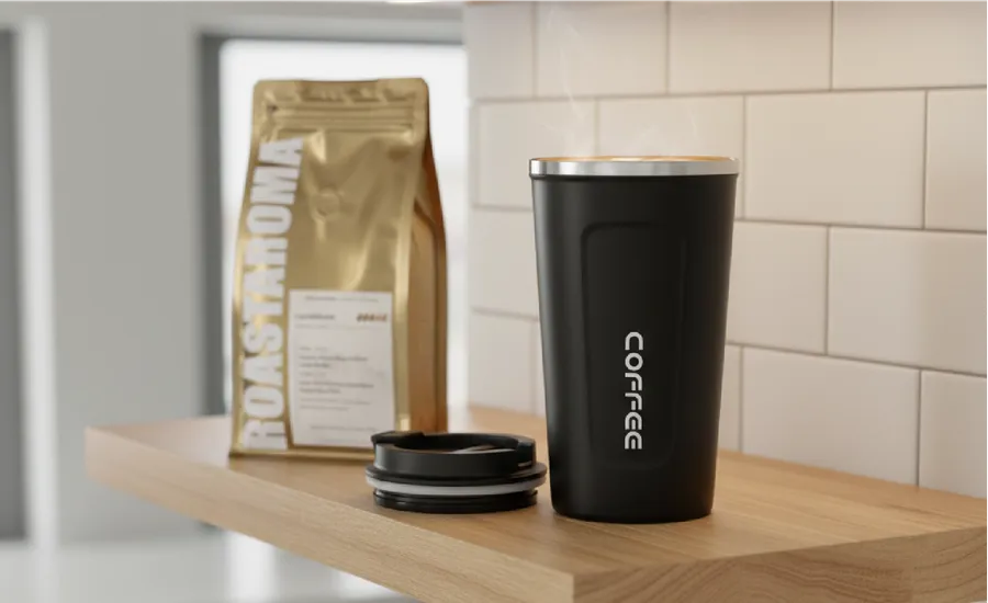 RoastAroma coffee on a shelf next to a custom engraved coffee tumblr.